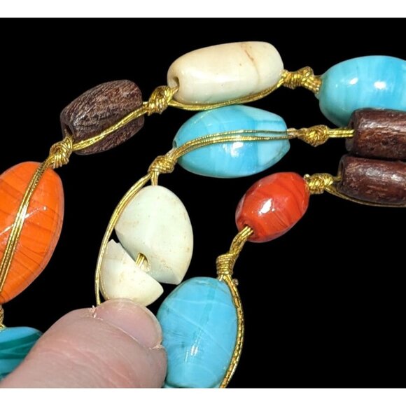 Bohemian Multilayer Blue And Orange Glass And Wood Beaded Necklace - Picture 3 of 10